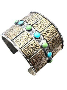 Vintage Turquoise Sterling Silver Cuff Bracelet Hallmarked DL 98 Grams
